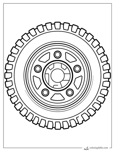 Bold coloring page of a car tire with chunky tread blocks, rings, spokes, and five lug nuts.