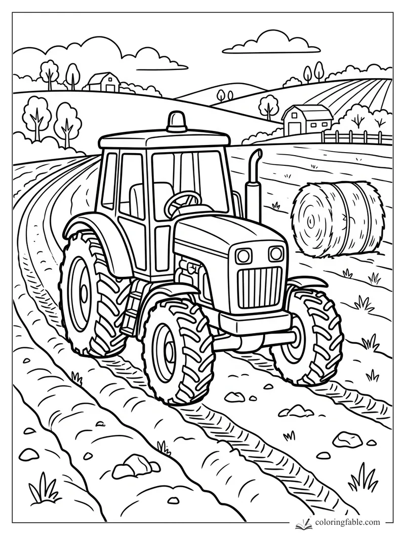 Easy farm tractor coloring page with a hay bale, barns, fields, trees, and rolling hills.