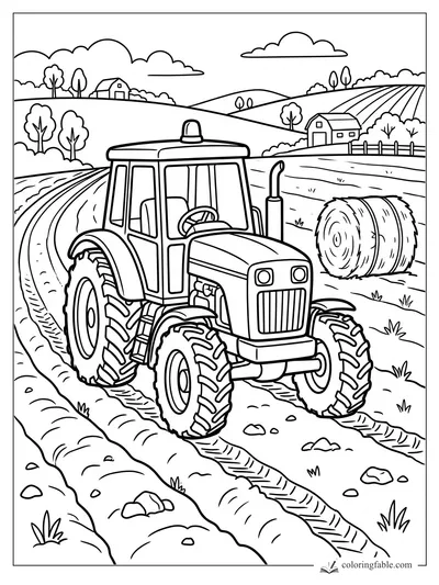 Easy farm tractor coloring page with a hay bale, barns, fields, trees, and rolling hills.