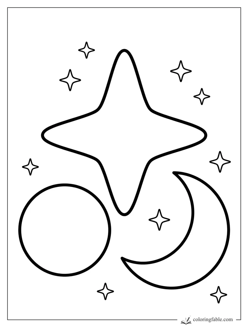 Bold easy coloring page with a large twinkle star, crescent moon, round planet, and small stars.