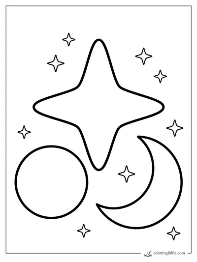 Bold easy coloring page with a large twinkle star, crescent moon, round planet, and small stars.