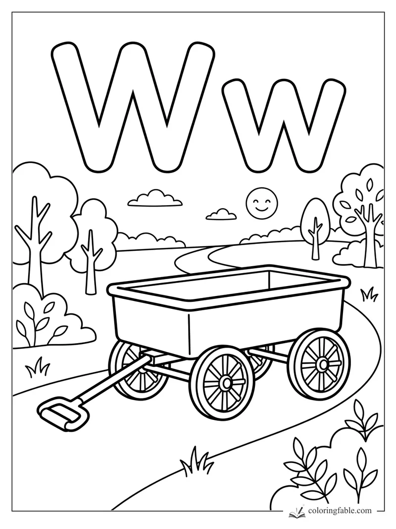 Uppercase W and lowercase w above an empty wagon on a winding park path