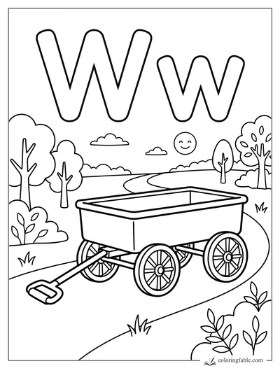 Uppercase W and lowercase w above an empty wagon on a winding park path