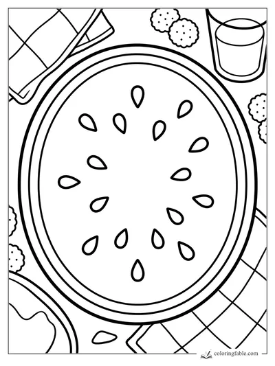 Bold watermelon slice with seeds, picnic blanket corners, cookies, and a cup for toddler coloring.