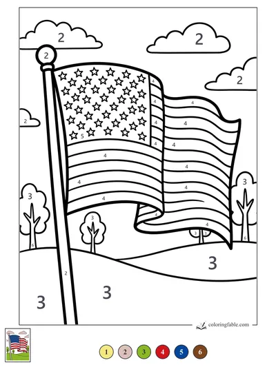 Big Waving American Flag on a Hill — color by number