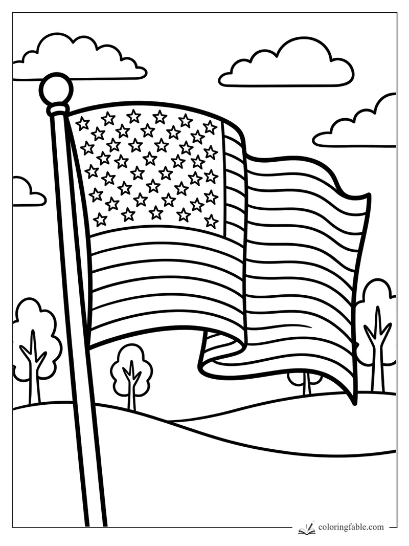Bold American flag coloring page with stars, wavy stripes, clouds, trees, and rolling hills.