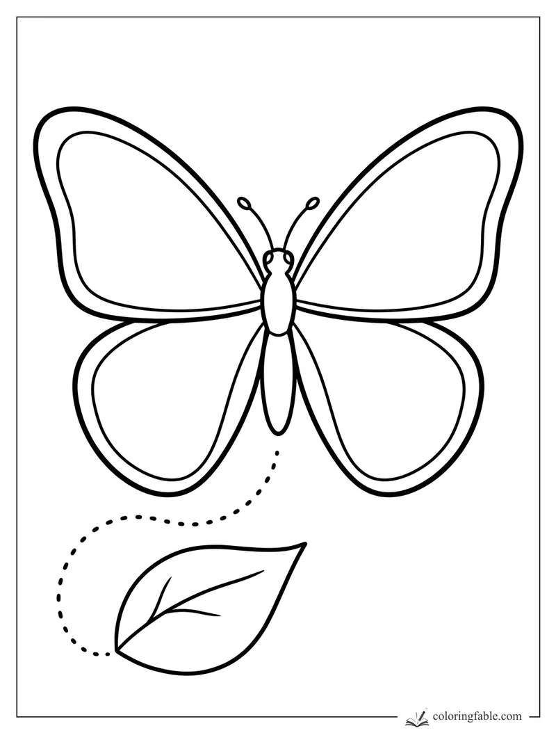 Minimalist butterfly with four large wings, antennae, dotted flight trail, and a single leaf.