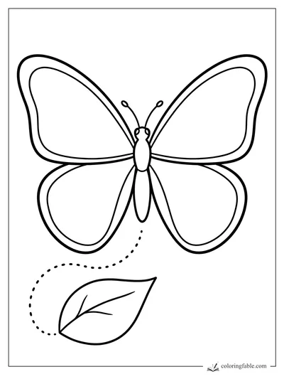 Minimalist butterfly with four large wings, antennae, dotted flight trail, and a single leaf.