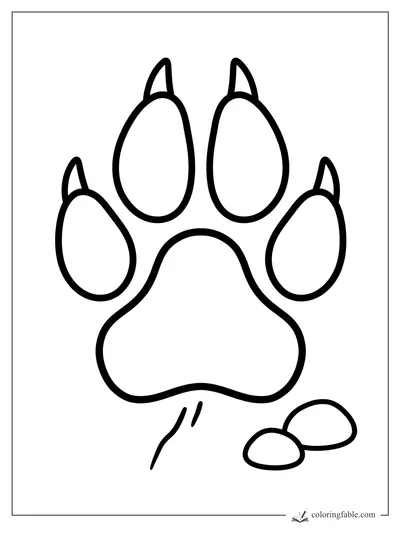 Easy wolf paw print coloring page with four claws, a large pad, and two small stones