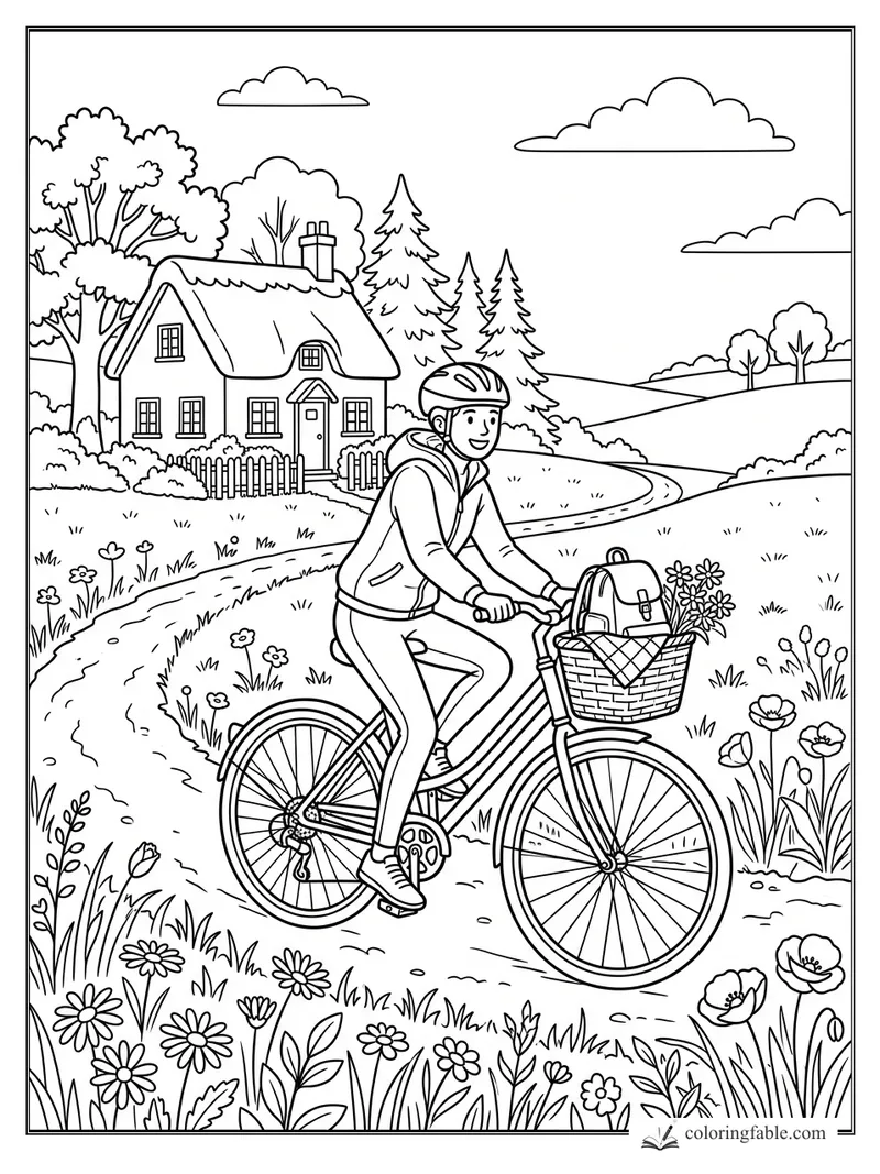 Child biking on a winding country path past a cottage, trees, hills, and wildflowers in a front basket.