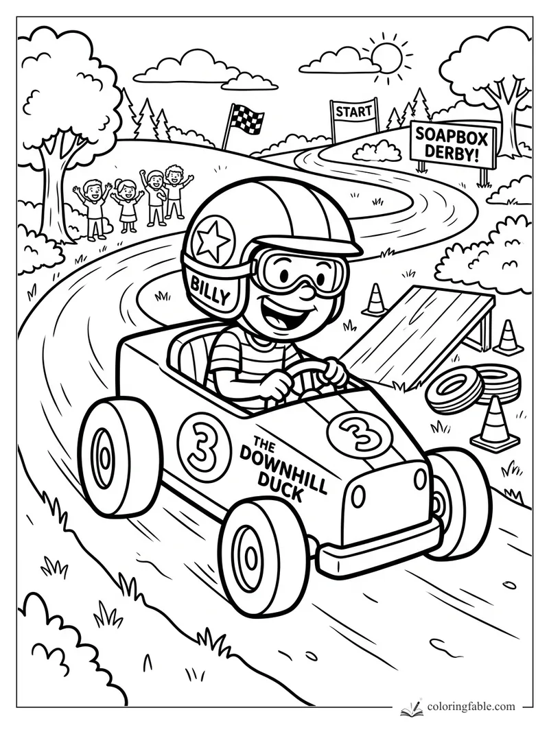 Billy drives number 3 soapbox car past a ramp, cones, cheering kids, and Soapbox Derby sign.