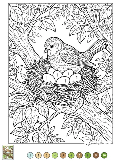 Bird Guarding Eggs in a Branch Nest — color by number