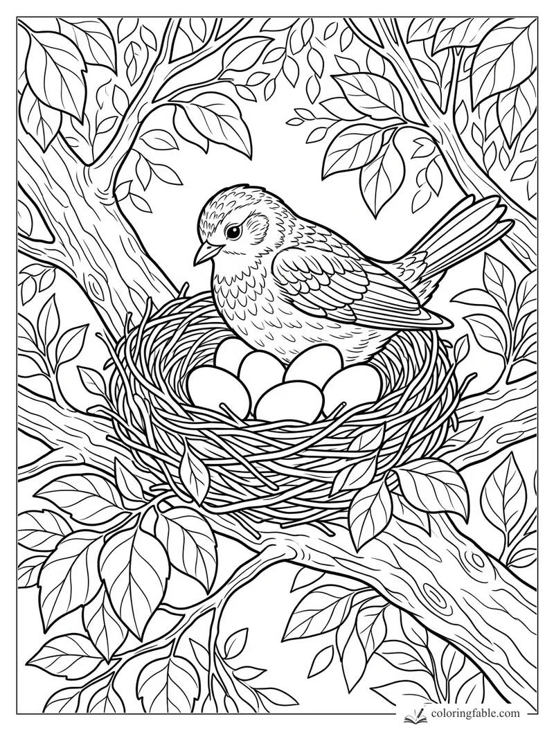 Bird sitting in a twig nest with five eggs among leafy tree branches coloring page