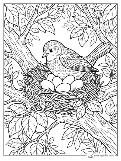Bird sitting in a twig nest with five eggs among leafy tree branches coloring page
