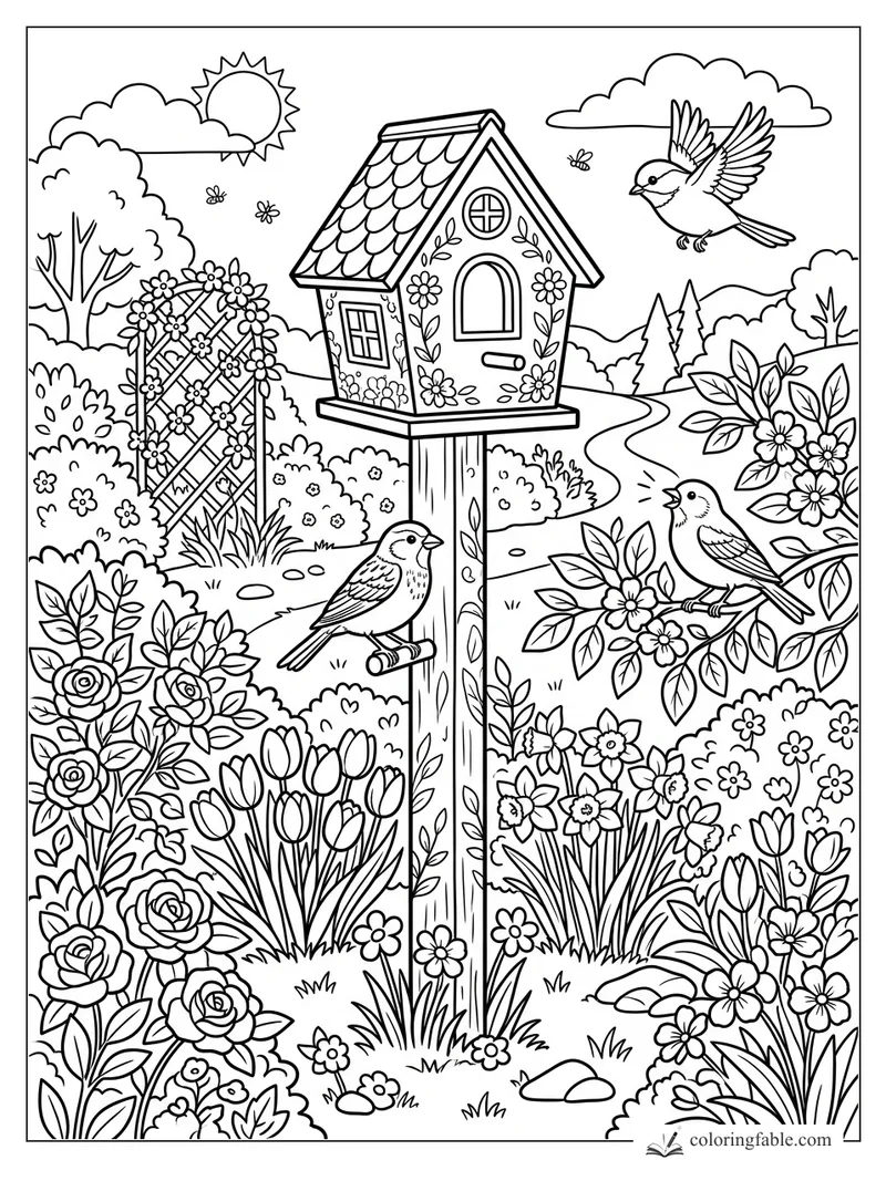 Birdhouse on a tall post in a flower garden with birds, roses, tulips, trellis, sun, clouds, and winding path