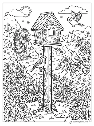 Birdhouse on a tall post in a flower garden with birds, roses, tulips, trellis, sun, clouds, and winding path