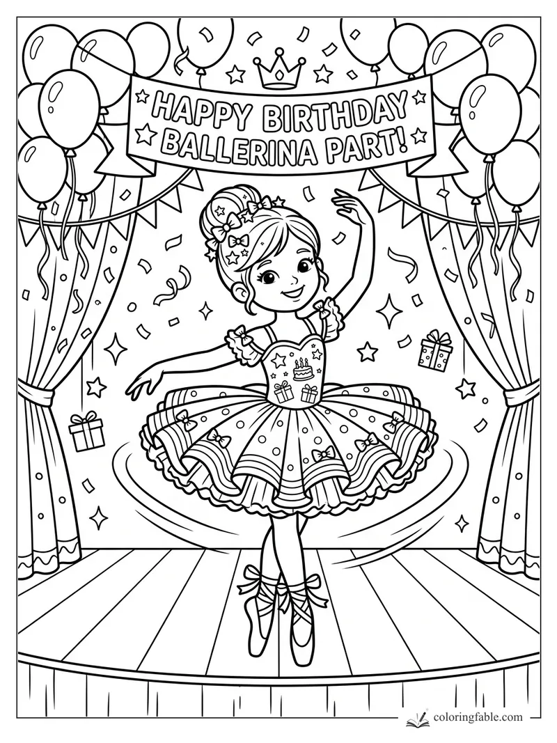 Cartoon ballerina twirling on a birthday stage with balloons, banner, confetti, gifts, and curtains