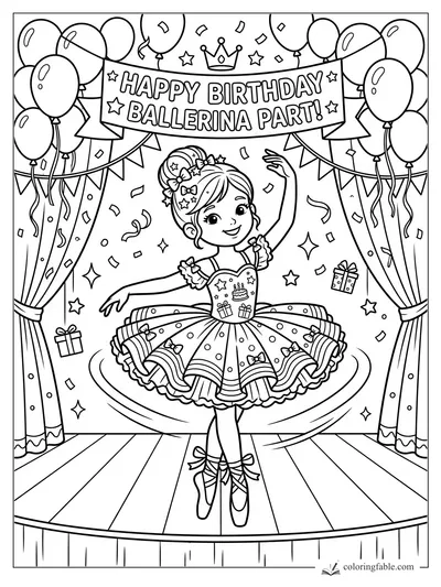 Cartoon ballerina twirling on a birthday stage with balloons, banner, confetti, gifts, and curtains