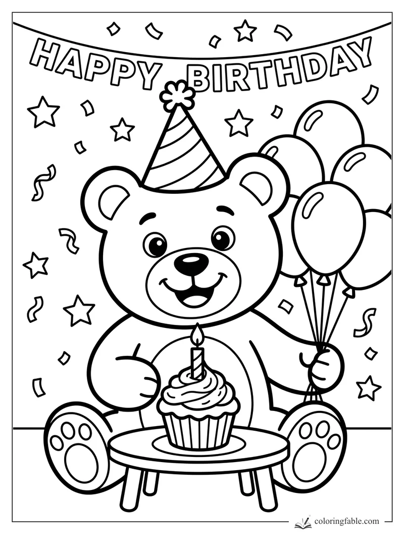 Cartoon birthday bear in a party hat holding balloons with a cupcake, banner, stars, and confetti.