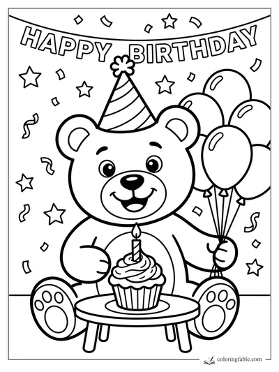 Cartoon birthday bear in a party hat holding balloons with a cupcake, banner, stars, and confetti.