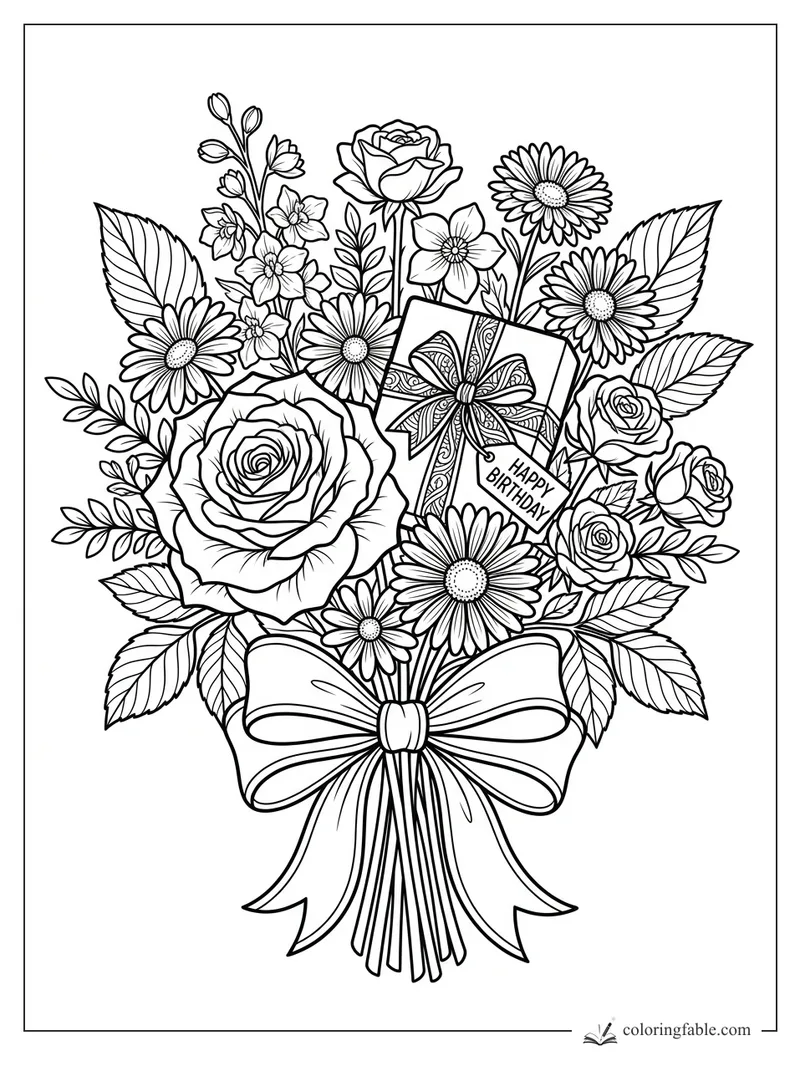 Intricate birthday bouquet with roses, daisies, leafy stems, a wrapped gift, tag, and large bow.