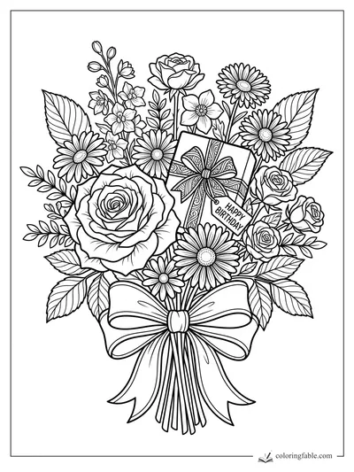 Intricate birthday bouquet with roses, daisies, leafy stems, a wrapped gift, tag, and large bow.