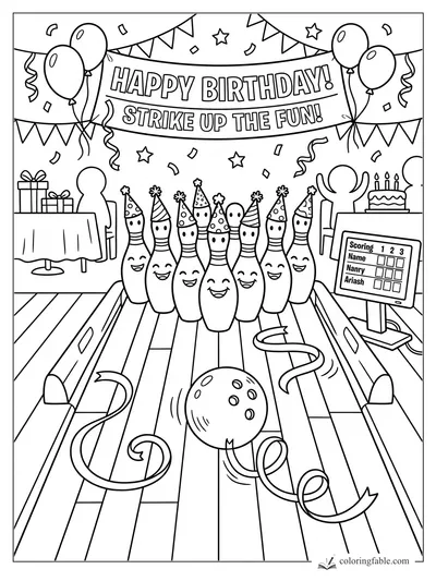 Cartoon birthday bowling party with smiling pins in hats, rolling ball, banner, balloons, cake, gifts, and score screen.
