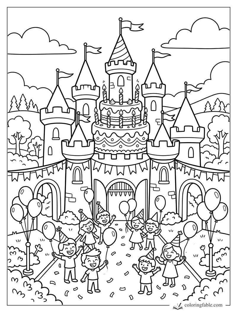 Cartoon castle with a giant cake tower, candles, flags, balloons, and children celebrating