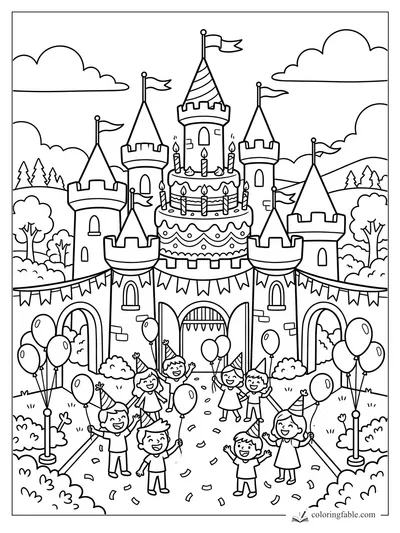 Cartoon castle with a giant cake tower, candles, flags, balloons, and children celebrating