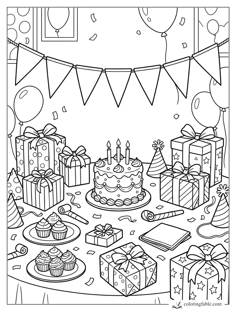 Birthday coloring page with cake, cupcakes, balloons, bunting, party hats, confetti, and wrapped presents.