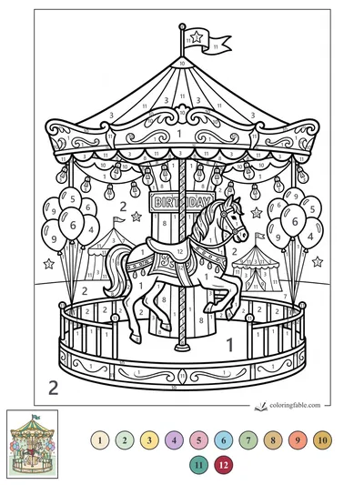 Birthday Carousel Horse Under String Lights — color by number