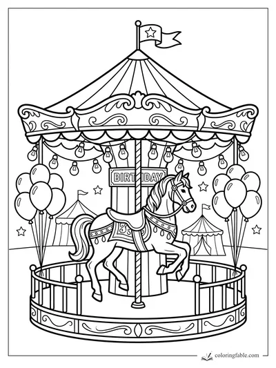 Vintage birthday carousel horse with balloons, striped tents, star flag, and string lights