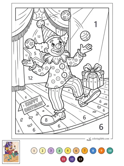 Birthday Clown Juggling on a Curtain Stage — color by number