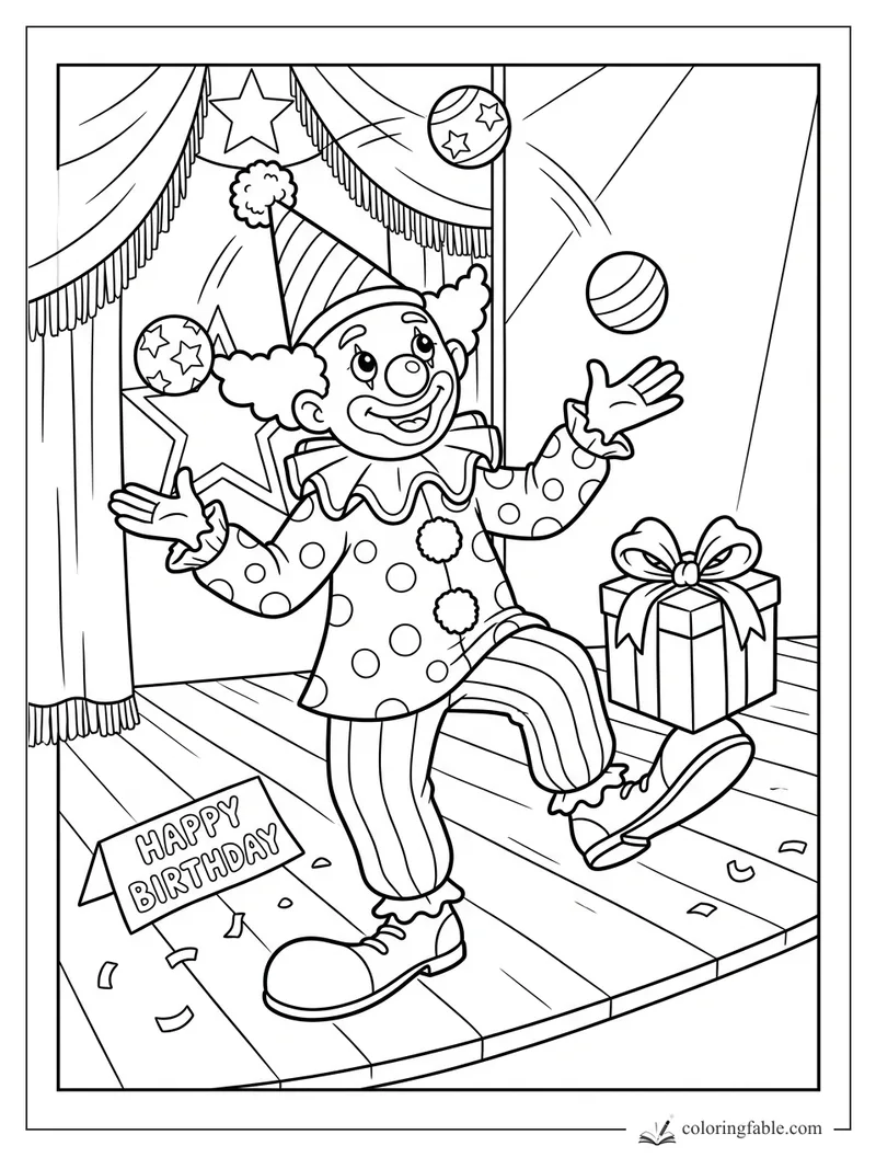 Cartoon birthday clown juggling balls on a stage with curtains, gift box, stars, and Happy Birthday sign