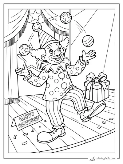 Cartoon birthday clown juggling balls on a stage with curtains, gift box, stars, and Happy Birthday sign