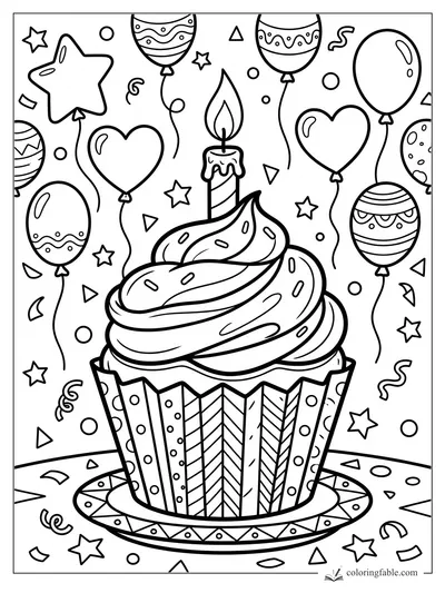 Cartoon birthday cupcake with swirled frosting, candle, balloons, stars, and confetti
