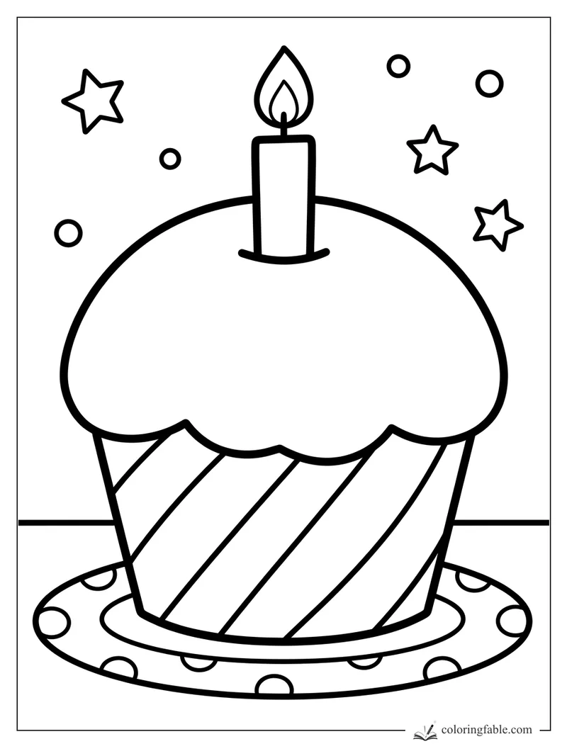 Easy cupcake coloring page with candle, stars, dots, striped wrapper, and polka-dot plate