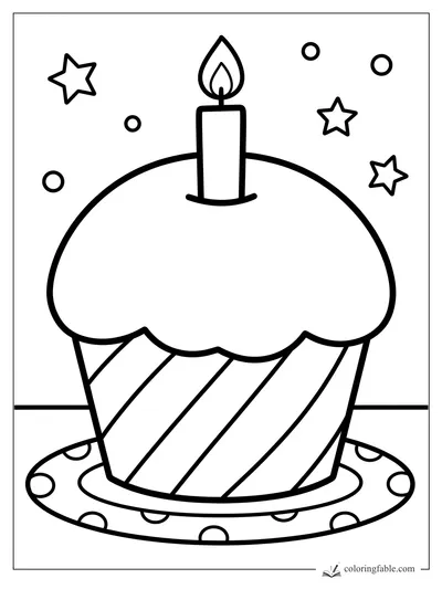 Easy cupcake coloring page with candle, stars, dots, striped wrapper, and polka-dot plate