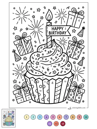 Birthday Cupcake with Candle, Gifts, and Fireworks — color by number