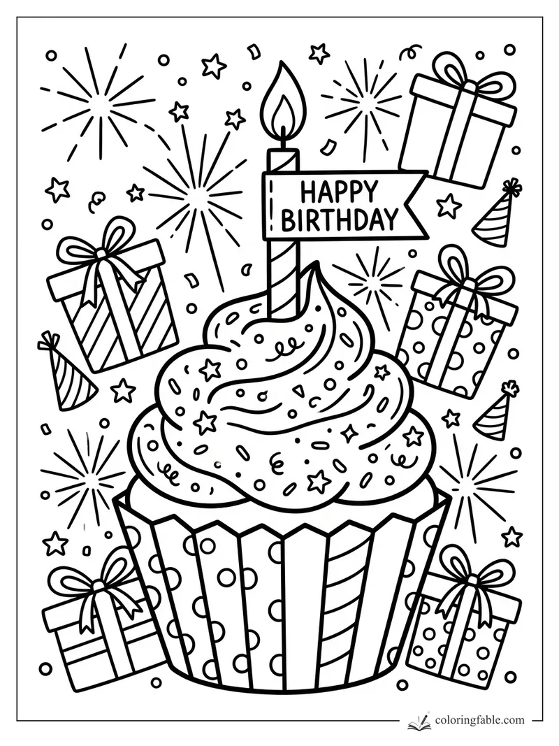Doodle birthday cupcake with a candle, Happy Birthday flag, wrapped gifts, party hats, stars, and fireworks.