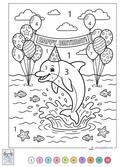 Birthday Dolphin Jump with Balloons — color by number
