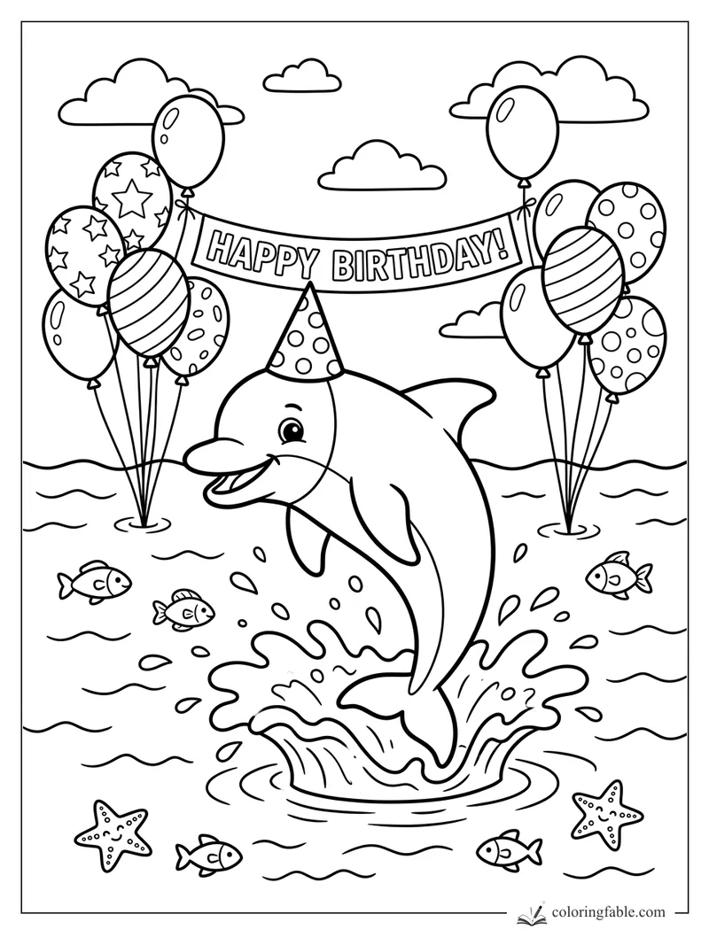 Cartoon dolphin in a party hat jumping under a Happy Birthday banner with balloons, fish, and starfish.