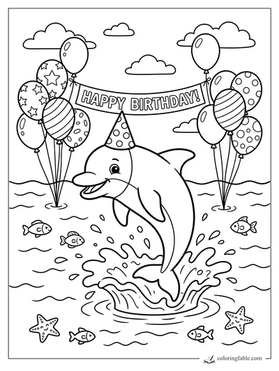 Cartoon dolphin in a party hat jumping under a Happy Birthday banner with balloons, fish, and starfish.