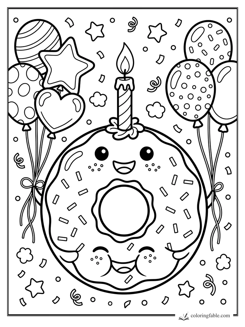 Cute birthday donut with candle, balloons, stars, sprinkles, and confetti coloring page