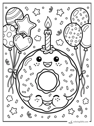 Cute birthday donut with candle, balloons, stars, sprinkles, and confetti coloring page