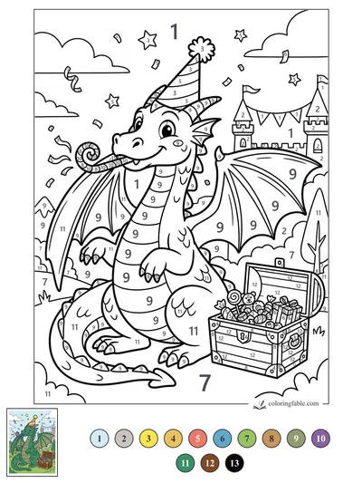 Birthday Dragon with a Party Horn and Treasure Chest — color by number