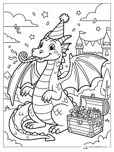 Smiling birthday dragon in a party hat blowing a horn beside a toy-filled treasure chest and castle.