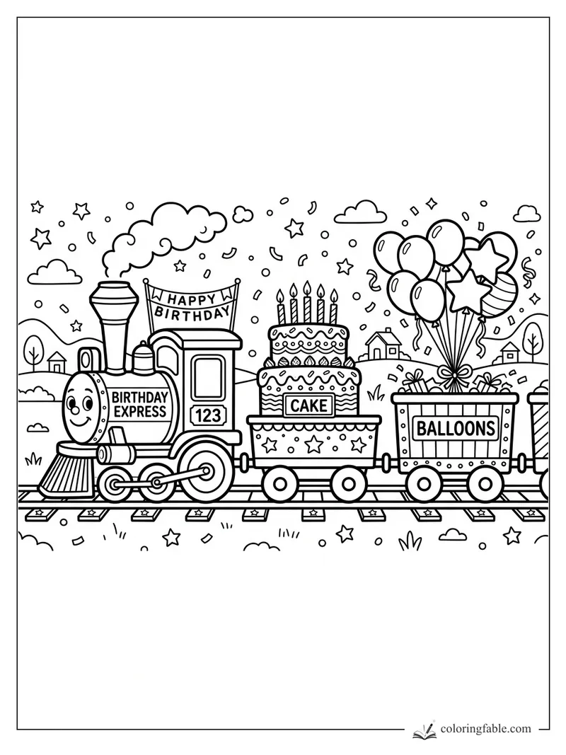Cartoon Birthday Express train carrying a candle cake and balloon cart on party tracks