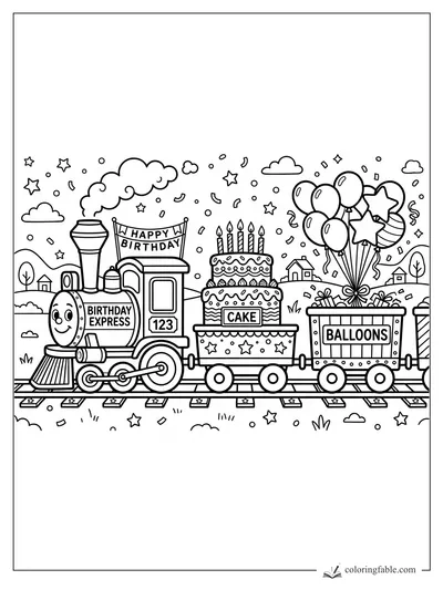 Cartoon Birthday Express train carrying a candle cake and balloon cart on party tracks