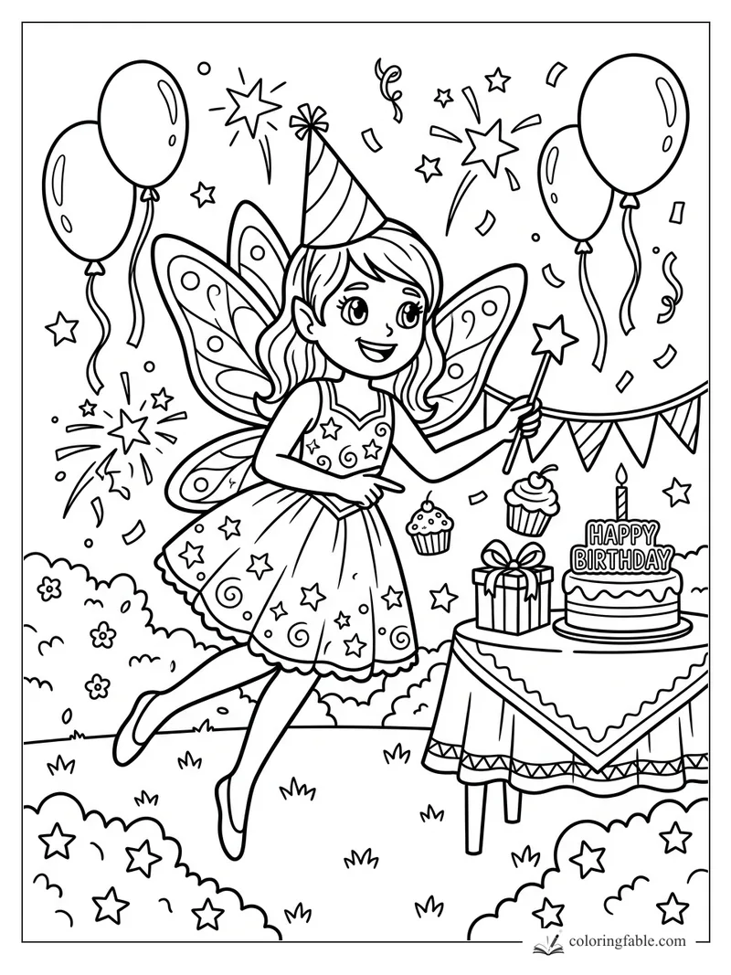 Smiling birthday fairy with star wand, cake, balloons, cupcakes, gift, bunting, stars, and confetti.